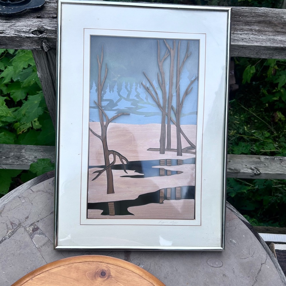 Vintage Wood Art Marquetry 3D Collage Landscape Large MCM Le Bois et l'Objet